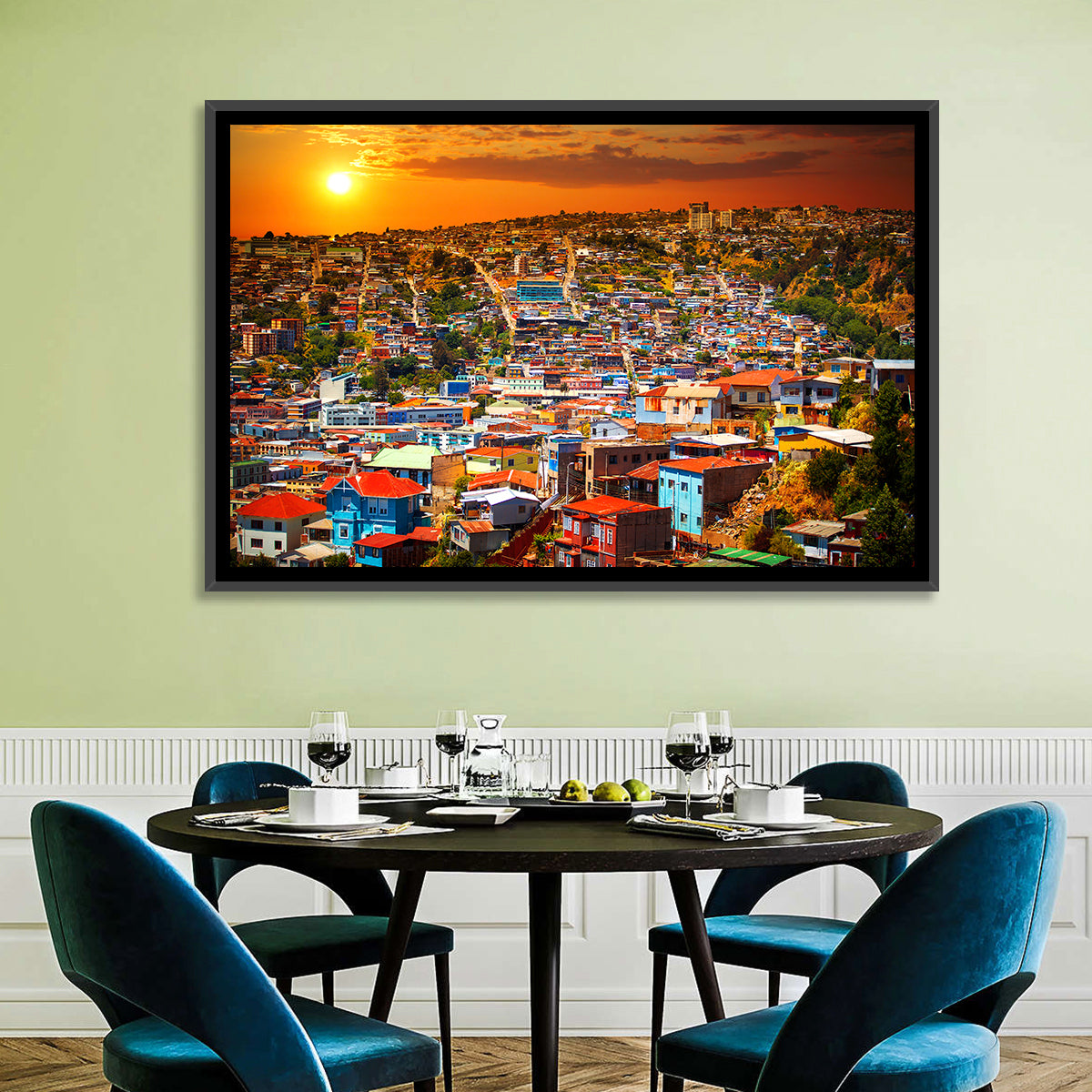 Valparaíso Hills Sunset Wall Art in a room, landscape