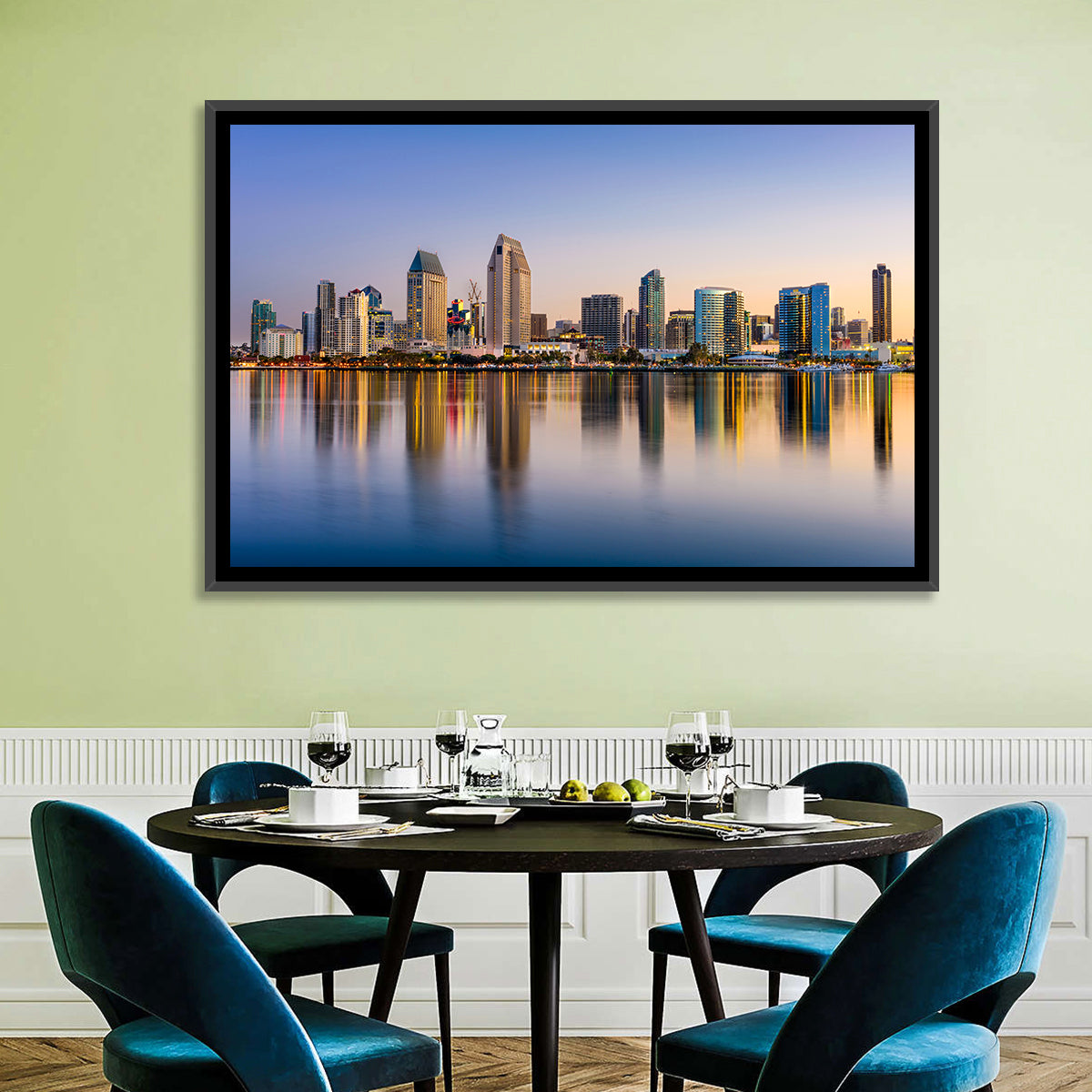 San Diego Skyline at Golden Dusk Wall Art in a room, landscape