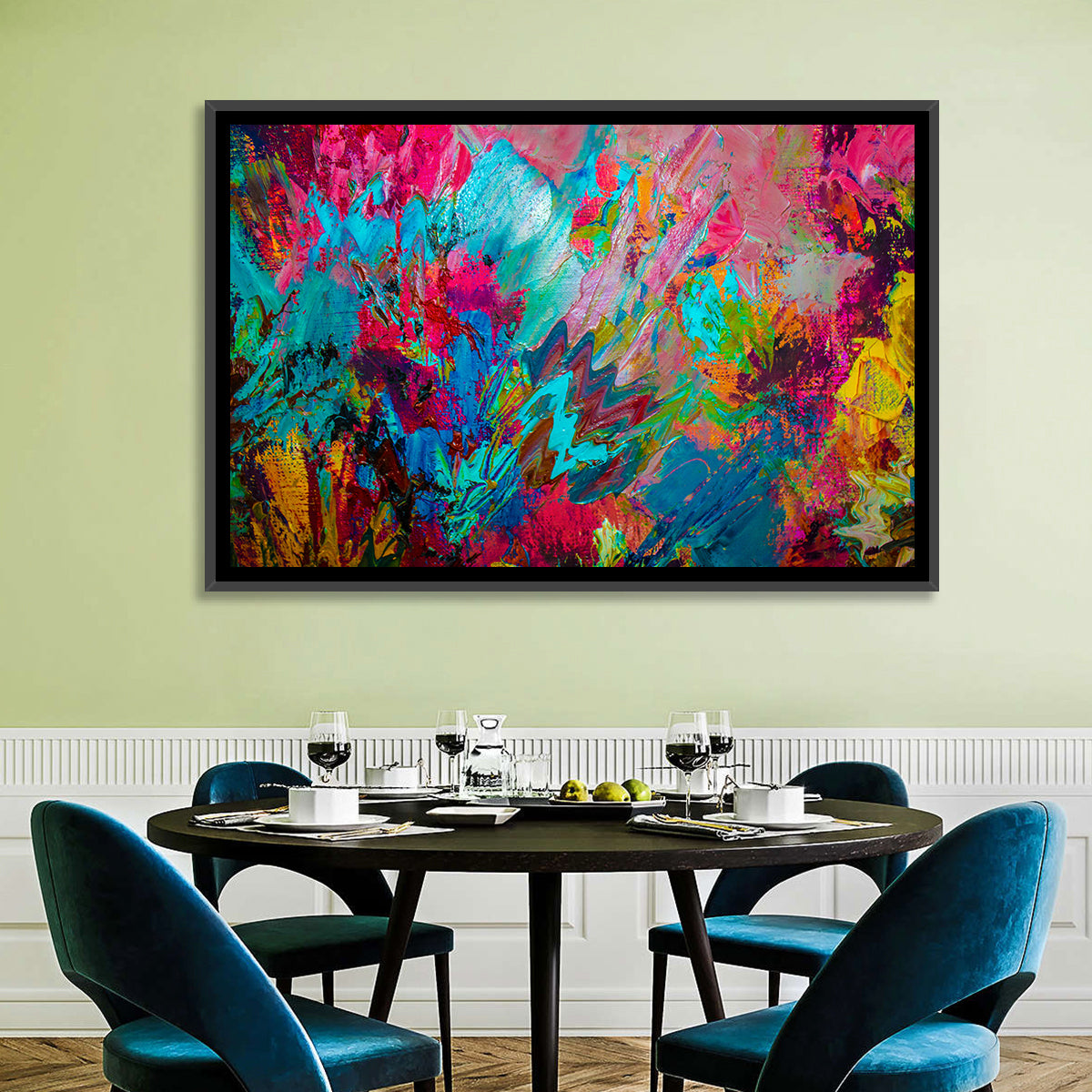 Vibrant Impasto Color Burst Abstract Wall Art in a room, landscape