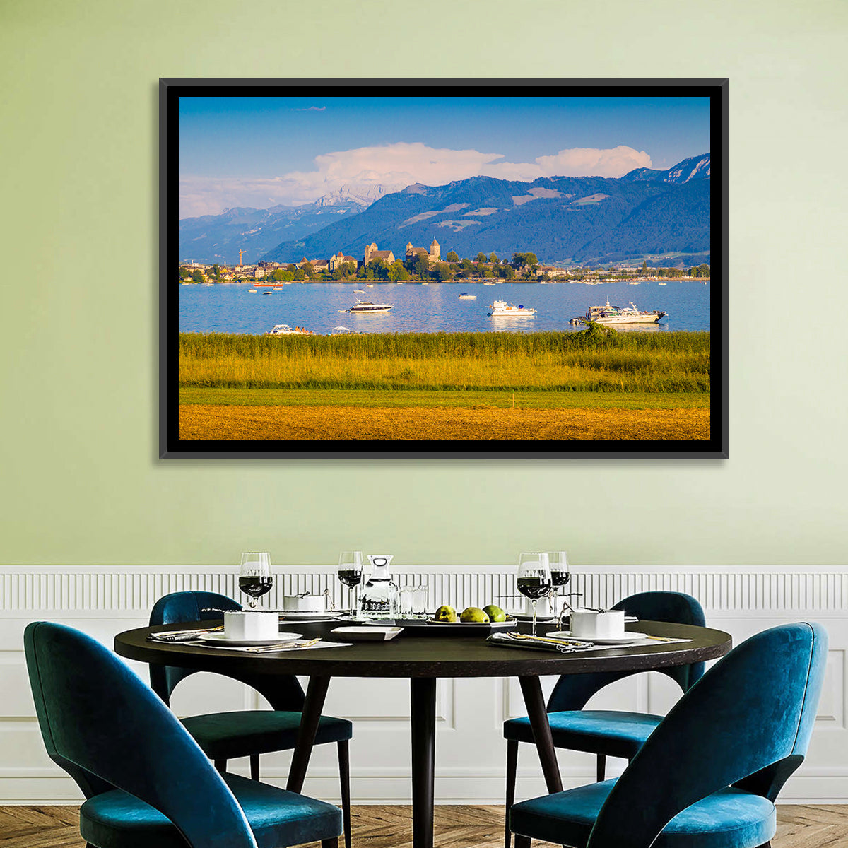Rapperswil Castle Over Lake Zurich Wall Art in a room, landscape