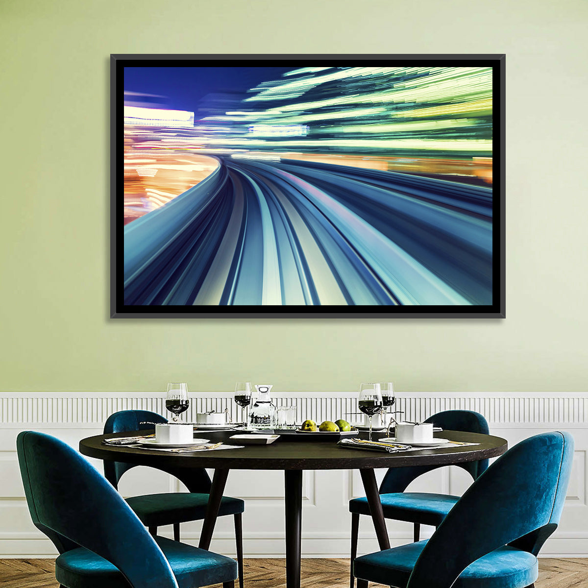 Curved Monorail Light Trails Wall Art in a room, landscape