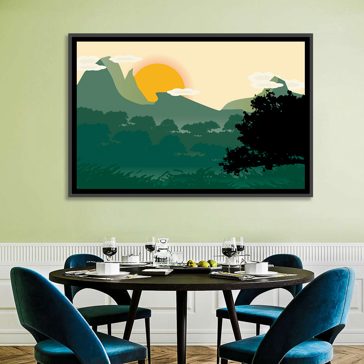 Geometric Mountain Forest Sunrise Wall Art in a room, landscape