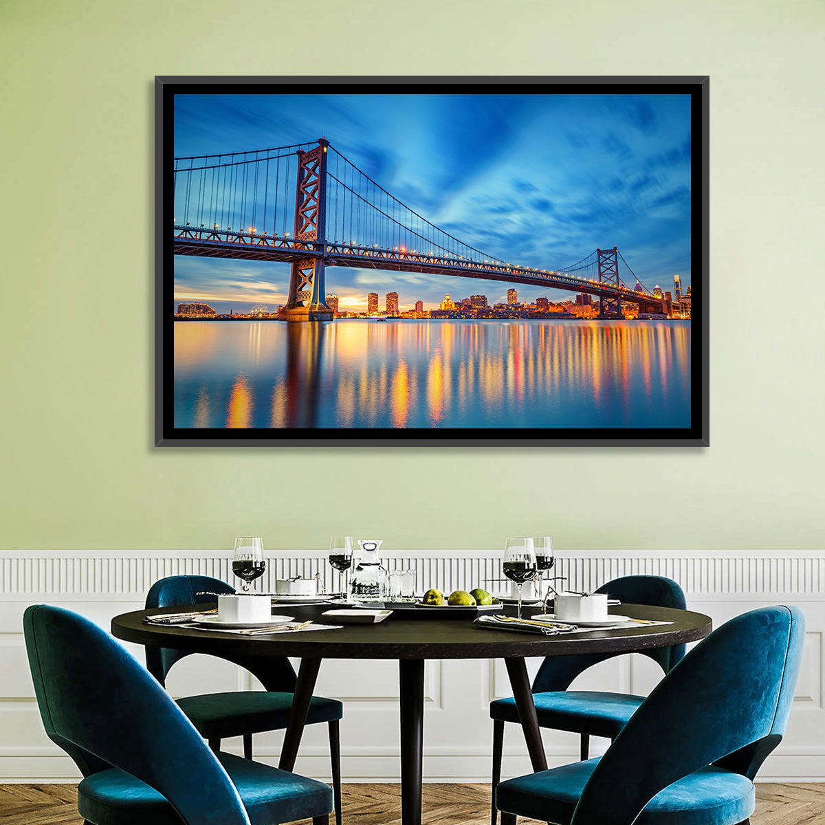 Benjamin Franklin Bridge Twilight Wall Art in a room, landscape