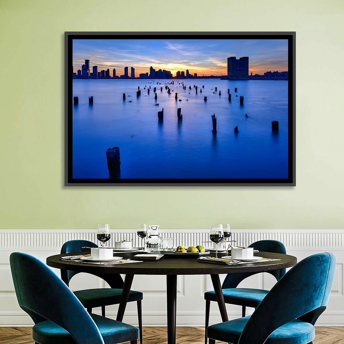 Jersey City Skyline at Dusk Wall Art in a room, landscape