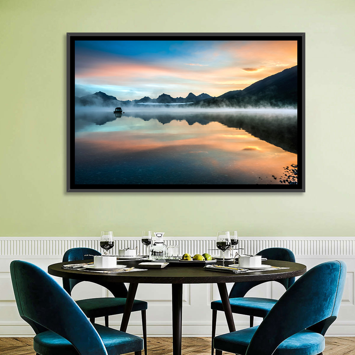 Lake Mcdonald Dawn Mist Wall Art in a room, landscape