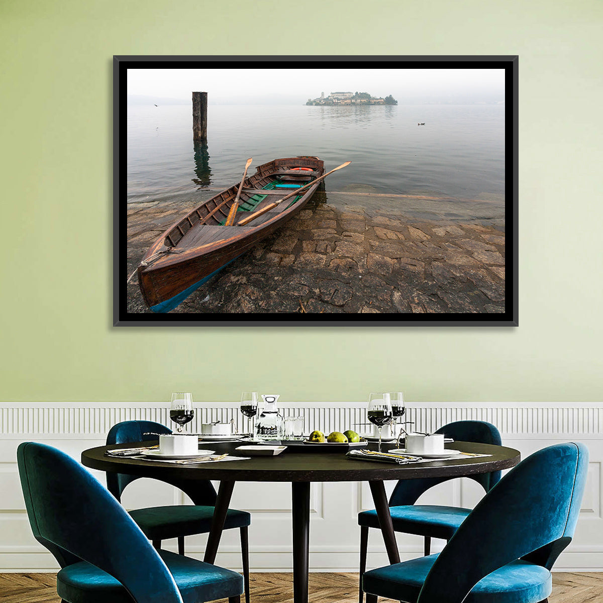 Rowboat on Lake Orta Wall Art in a room, landscape