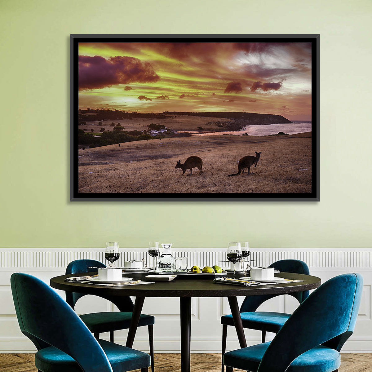 Two Kangaroos at Sunset Coast Wall Art in a room, landscape