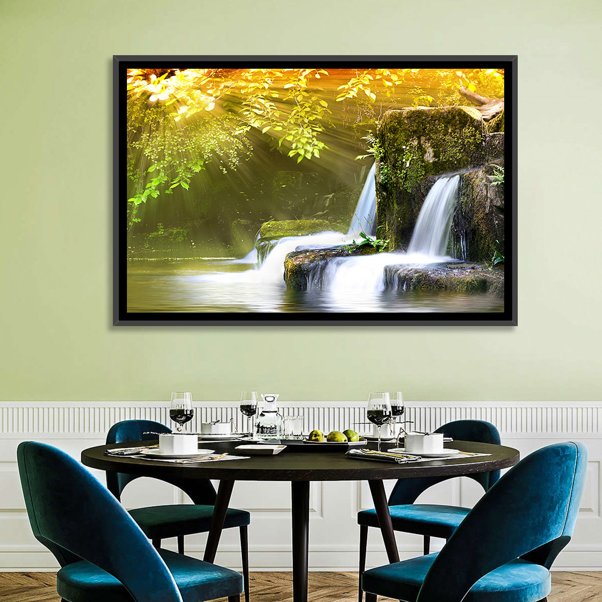 Sunlit Forest Waterfall Wall Art