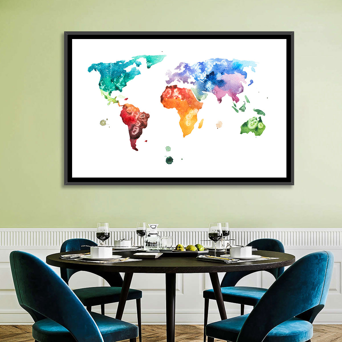 Multicolor Watercolor World Map Wall Art