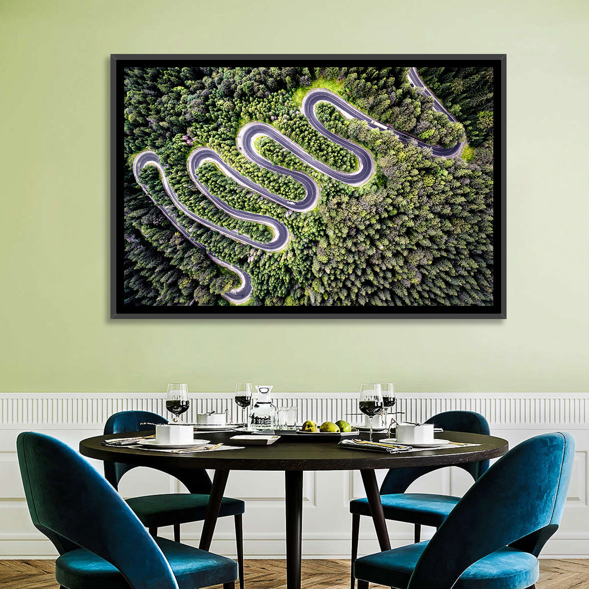 Serpentine Mountain Road Wall Art in a room, landscape