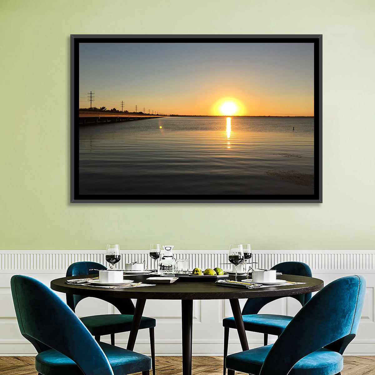 Lake Ray Hubbard Sunset Reflection Wall Art in a room, landscape
