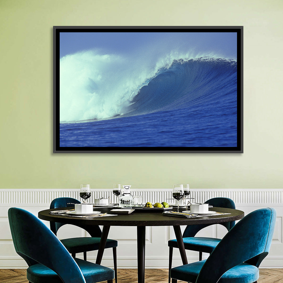 Deep Blue Barrel Wave Wall Art in a room, landscape
