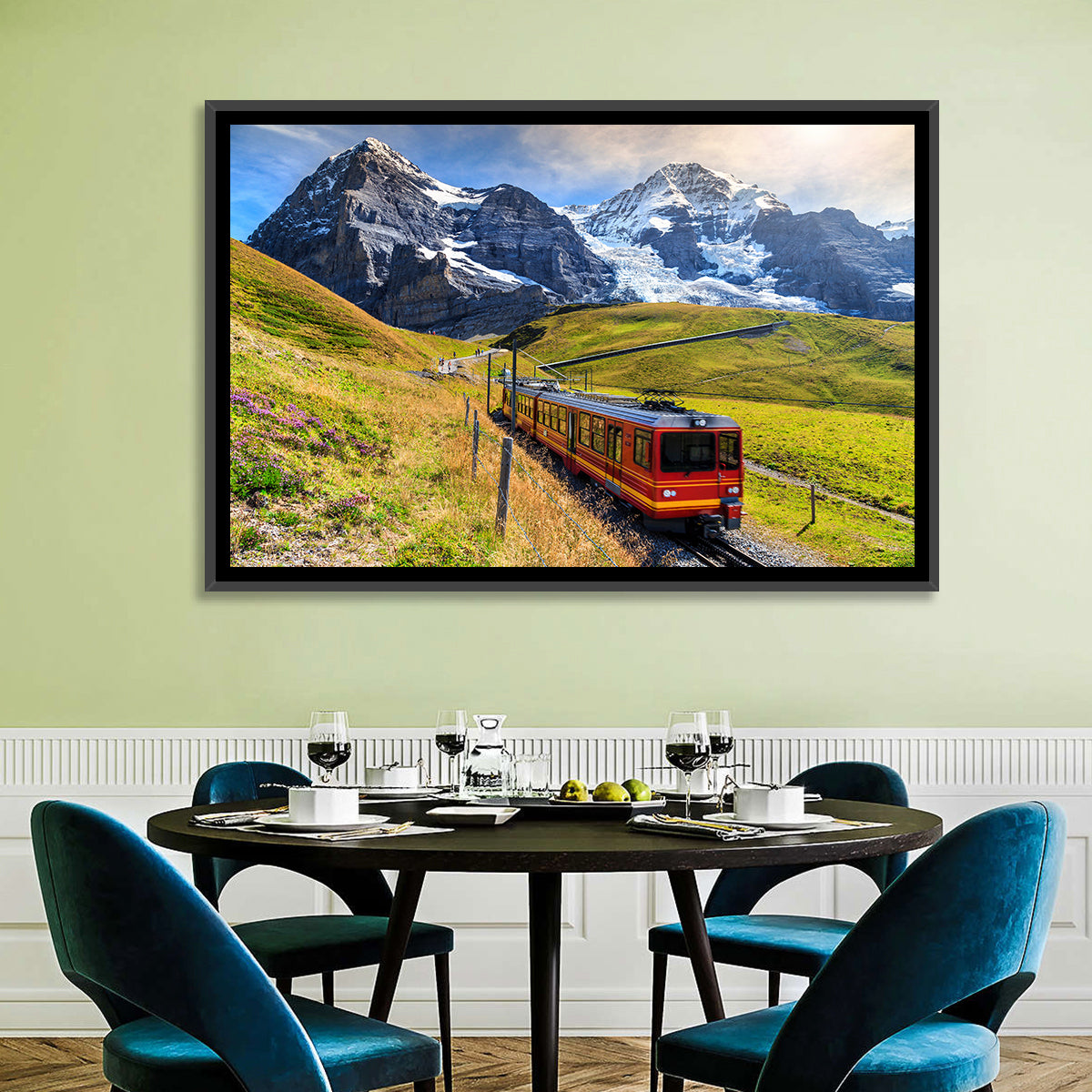Red Alpine Train at Eiger Wall Art in a room, landscape