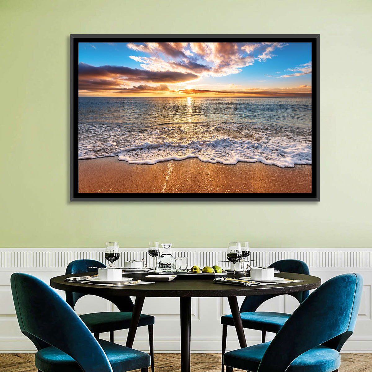 Golden Beach Sunrise Wall Art in a room, landscape