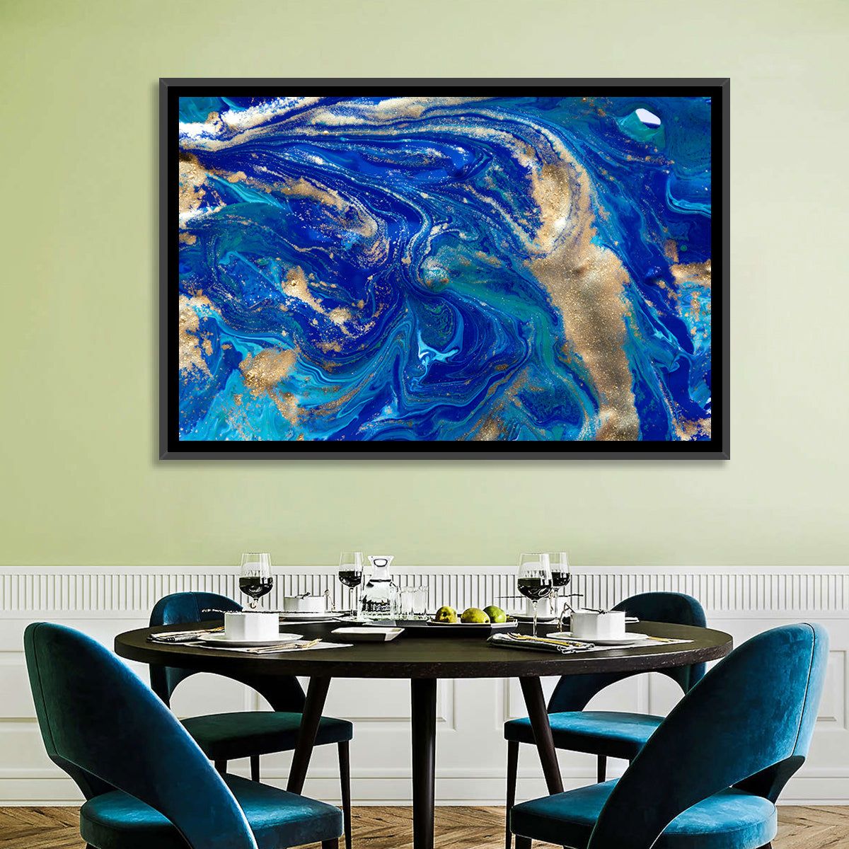 Blue and Gold Liquid Marble Swirls Wall Art in a room, landscape