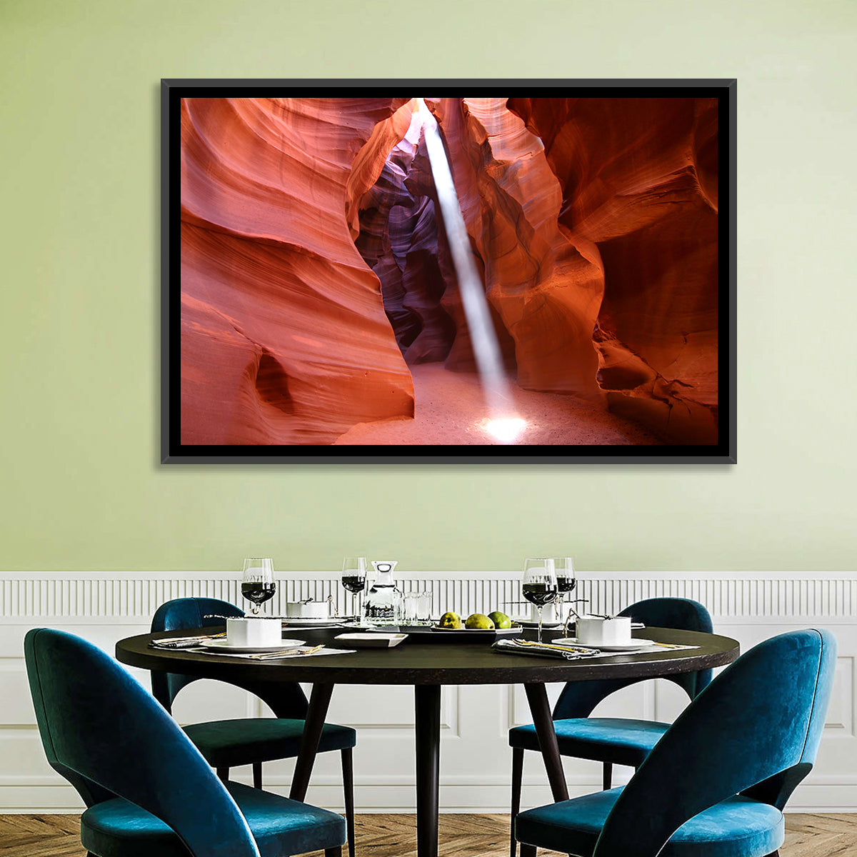 Antelope Canyon Light Beam Wall Art in a room, landscape