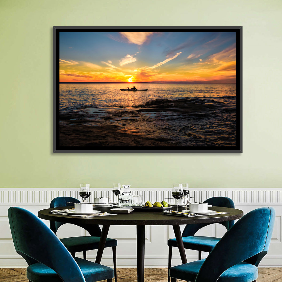 Lake Superior Sunset Wall Art in a room, landscape