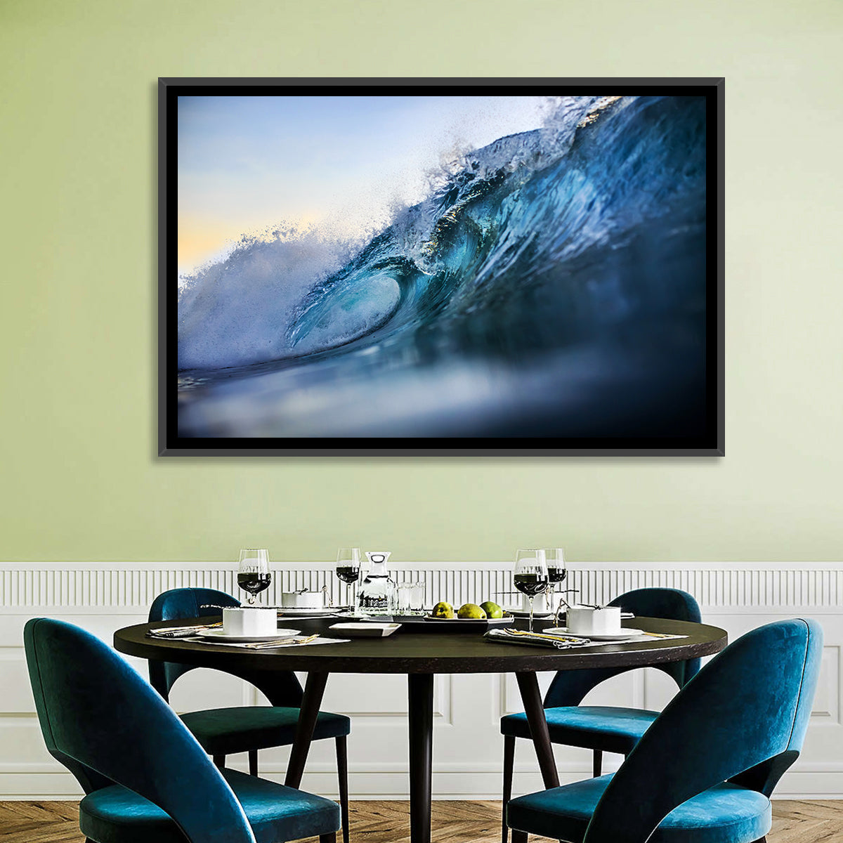 Golden Hour Barrel Wave Wall Art in a room, landscape