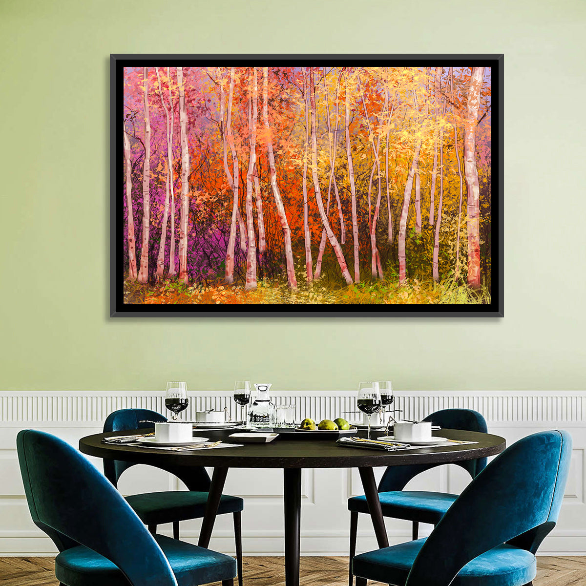 Vibrant Autumn Birch Grove Wall Art in a room, landscape