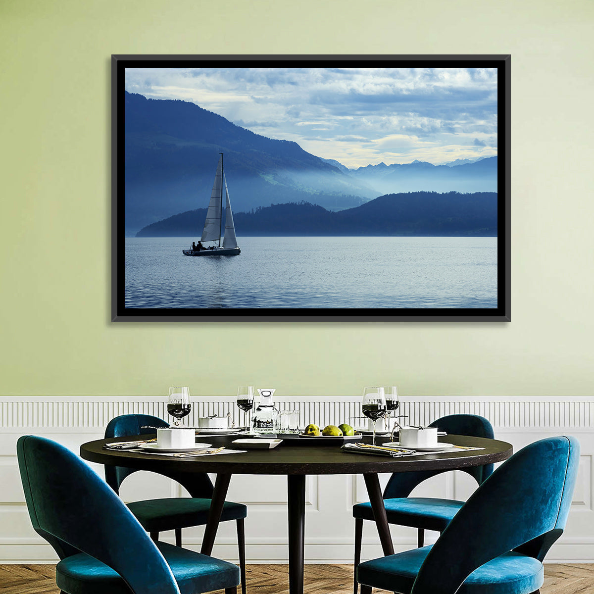 Lake Zug Sailing Wall Art in a room, landscape