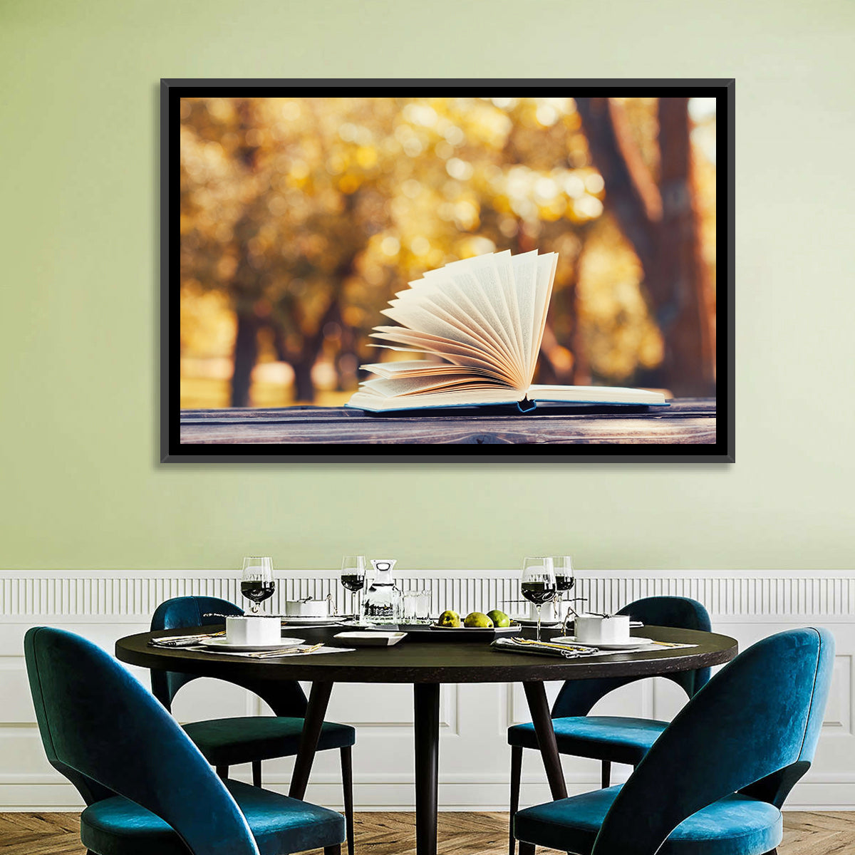 Open Book in Golden Autumn Light Wall Art in a room, landscape