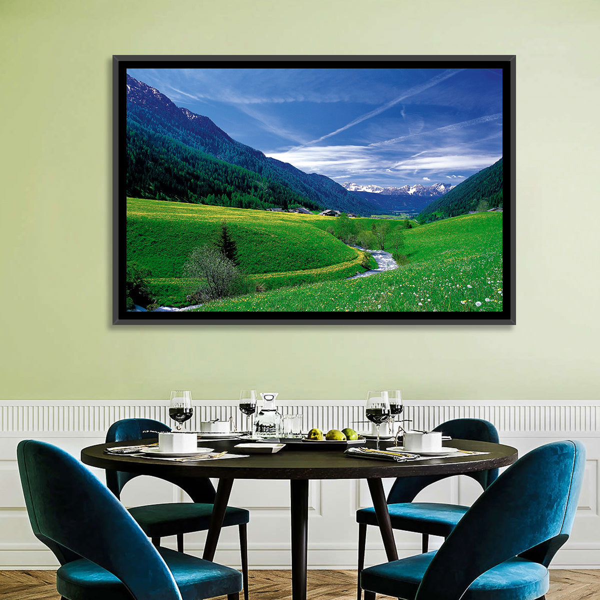 Snow-capped Peaks and Floral Meadow Wall Art in a room, landscape