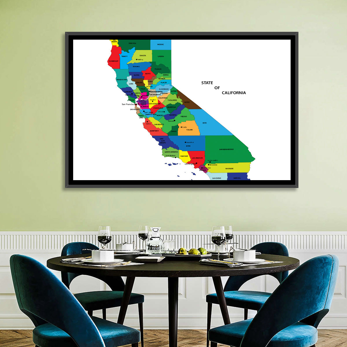 California Map with Colored Counties Wall Art