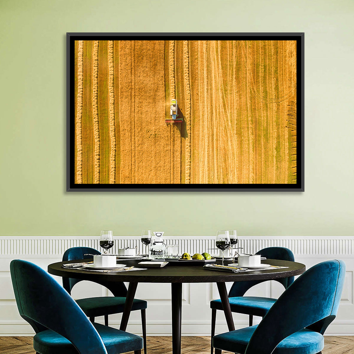 Aerial Wheat Harvest Wall Art in a room, landscape