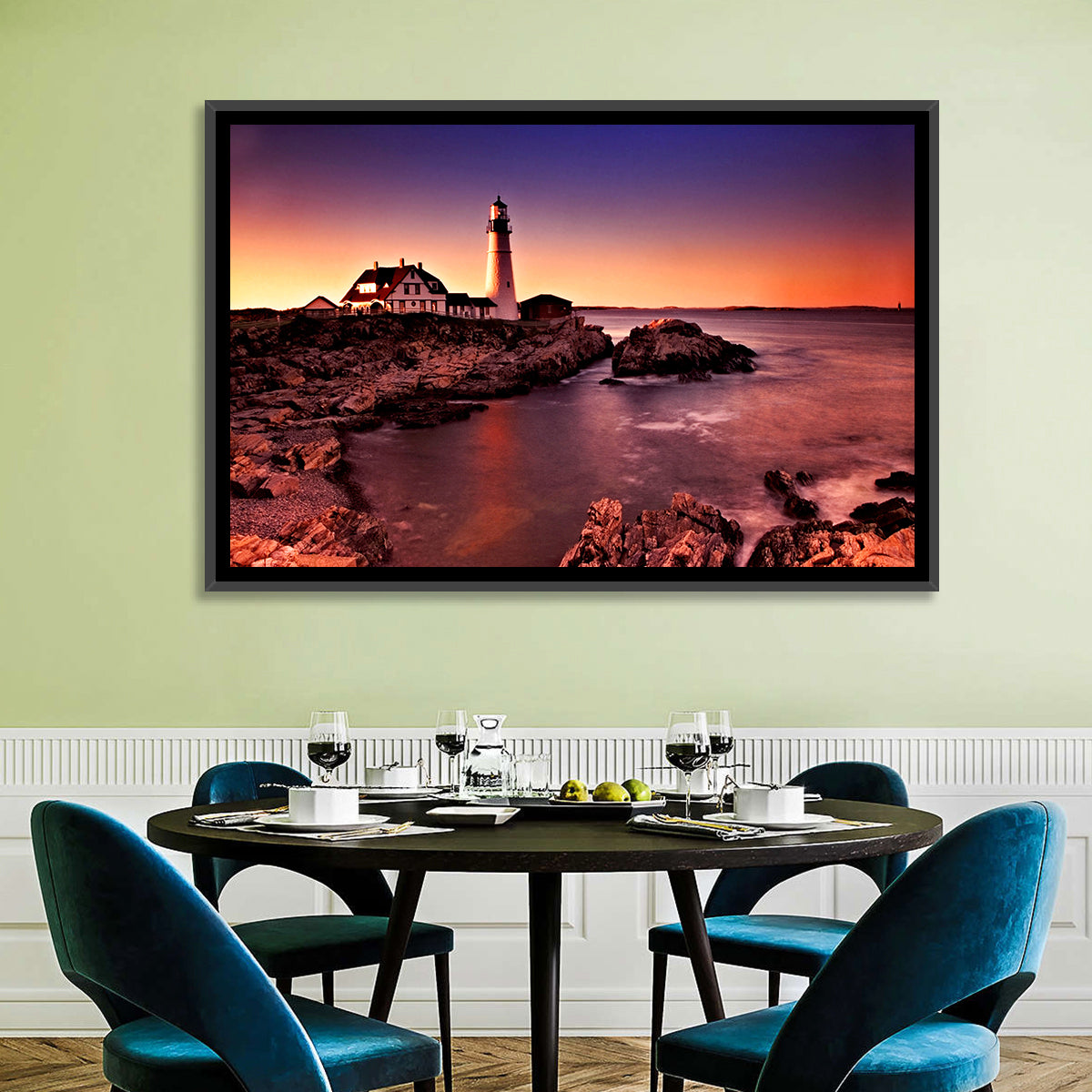 Portland Head Light at Dusk Wall Art in a room, landscape