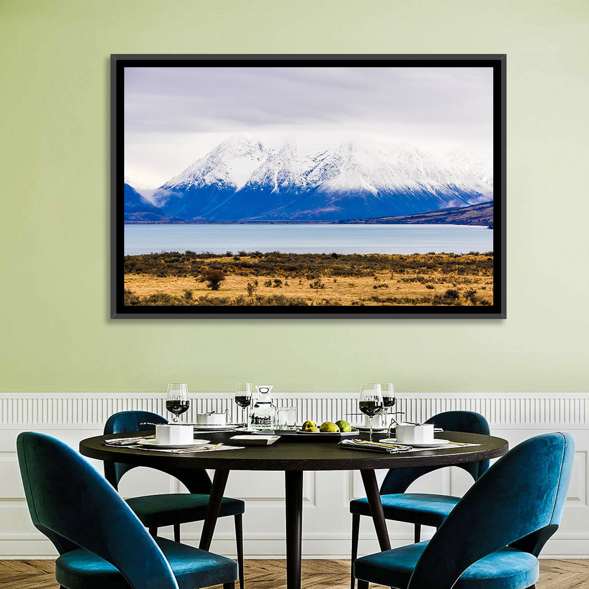 Lake Ohau Snowy Peaks Wall Art in a room, landscape