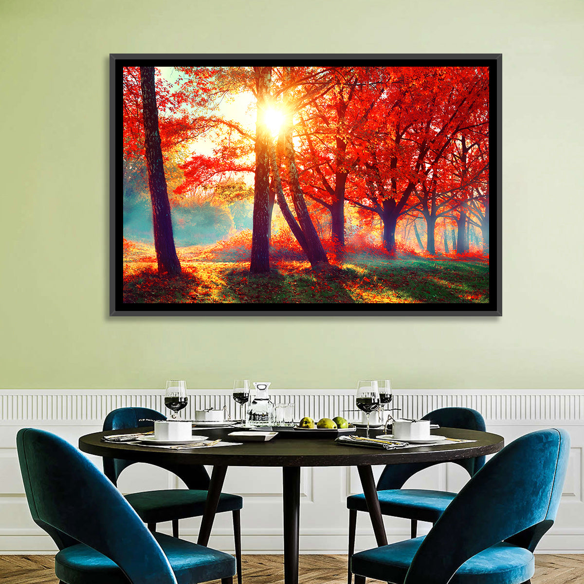 Autumn Park Sunrise Wall Art in a room, landscape