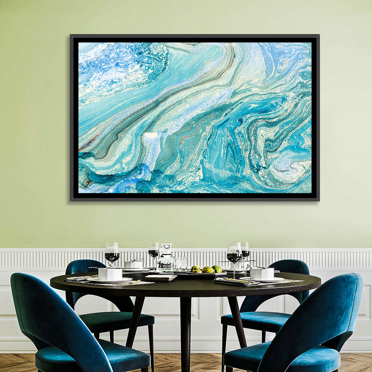 Aqua Marble Swirls with Silver Accents Wall Art in a room, landscape