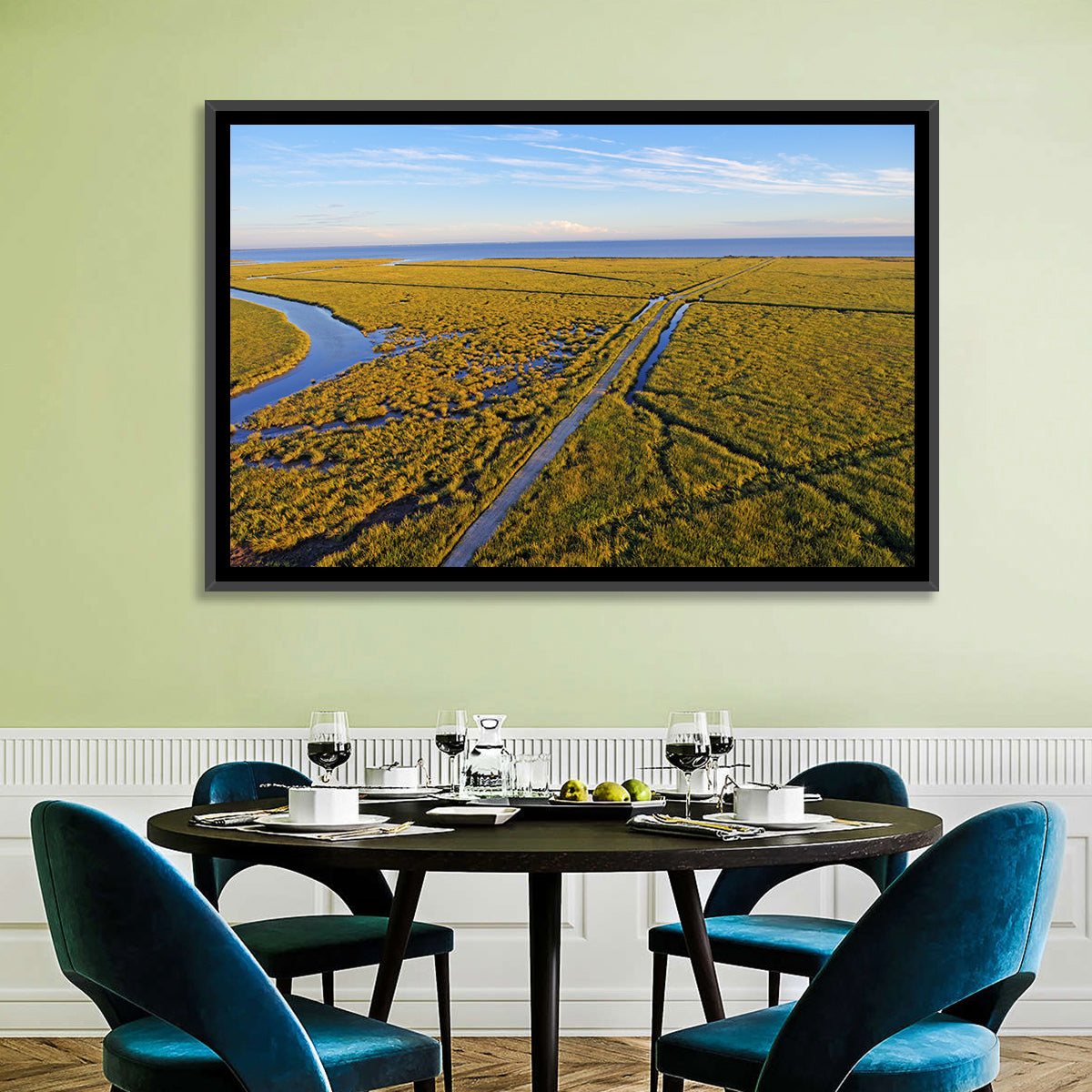 Delaware Bay Marshland Aerial Wall Art in a room, landscape