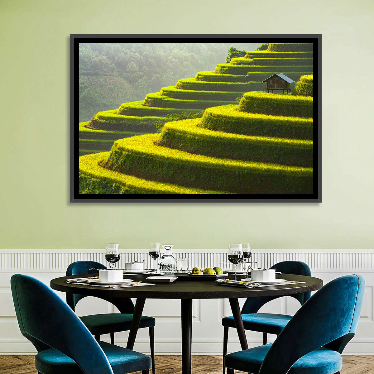 Golden Rice Terraces Wall Art in a room, landscape