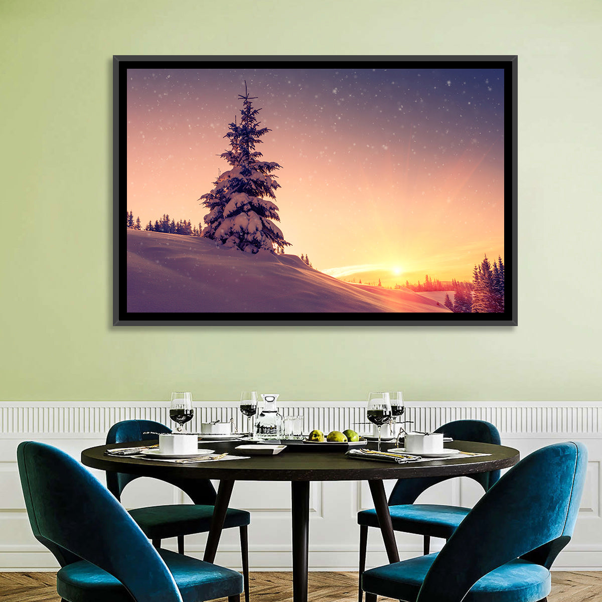 Snowy Sunset with Conifer Wall Art