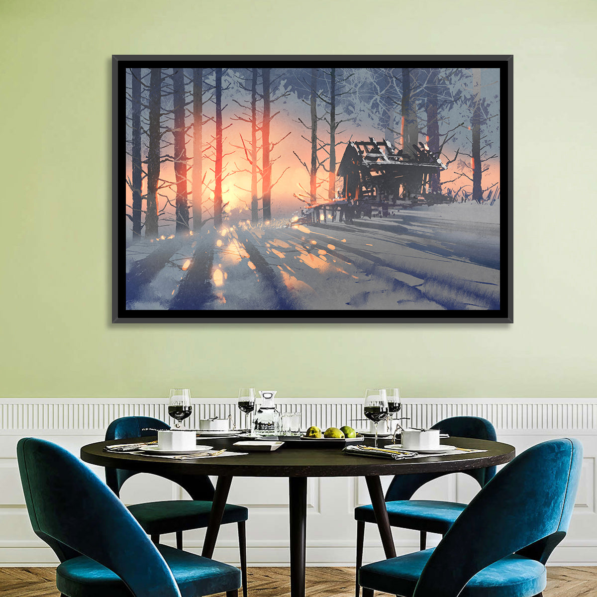 Snowy Forest Cabin at Sunset Wall Art in a room, landscape