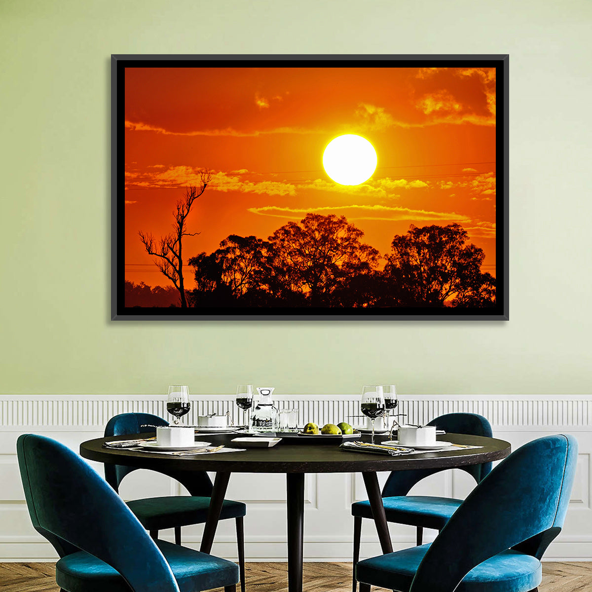 Burning Sun Over Tree Silhouettes Wall Art in a room, landscape