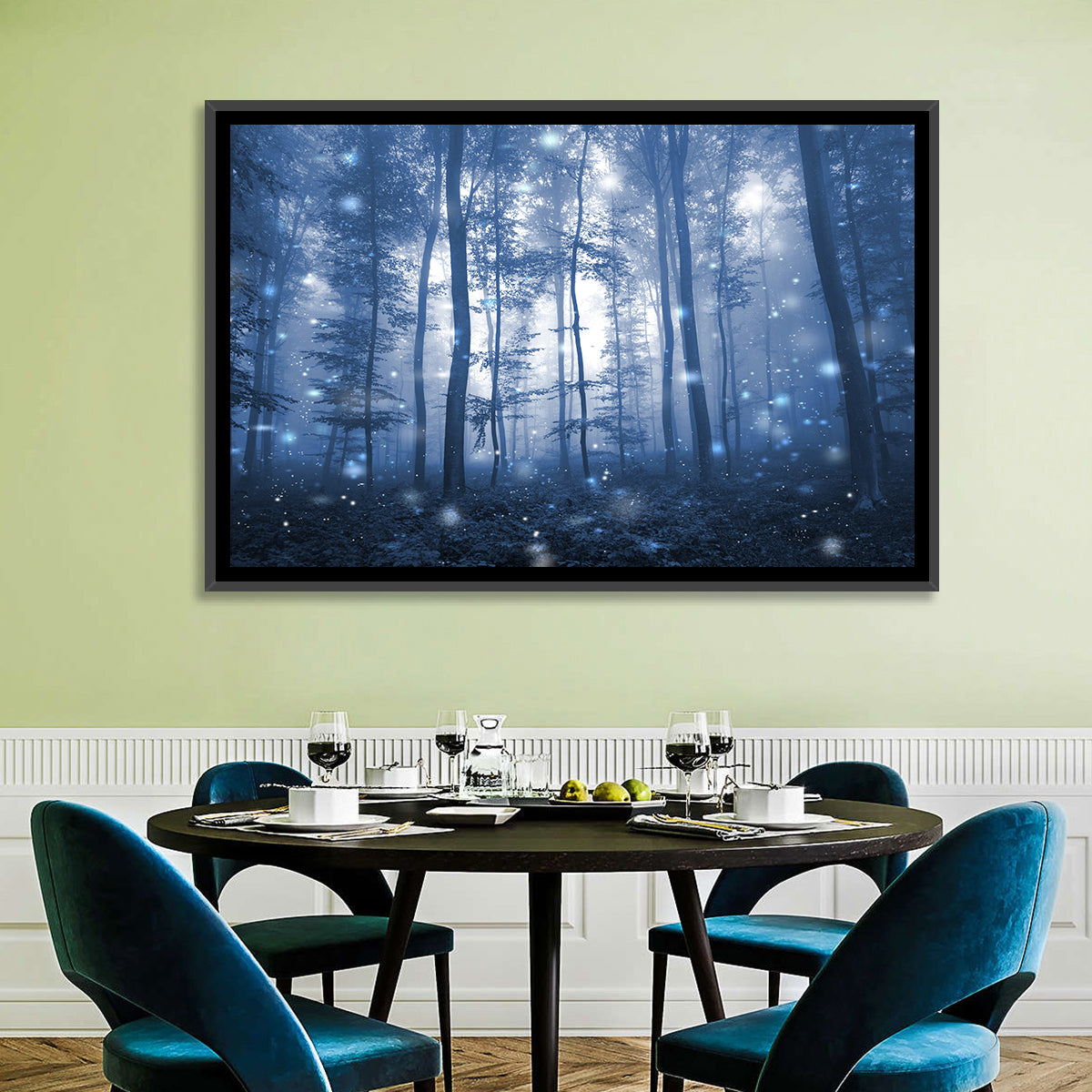 Blue Mist Forest at Twilight Wall Art in a room, landscape