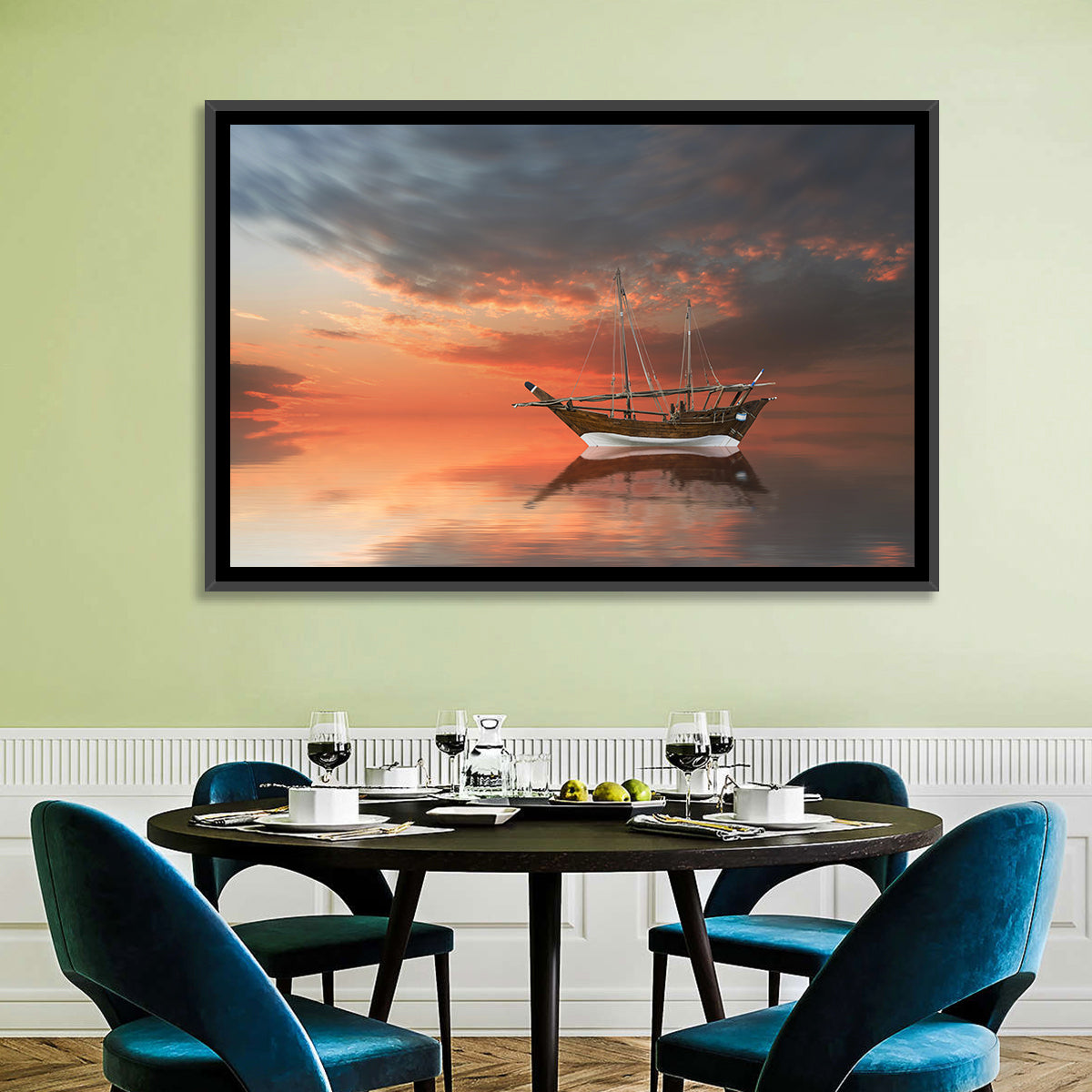 Dhow at Sunset Wall Art in a room, landscape