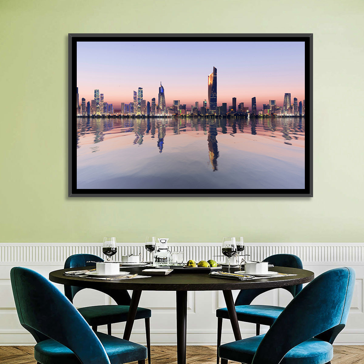 Al Hamra Tower Twilight Skyline Wall Art in a room, landscape