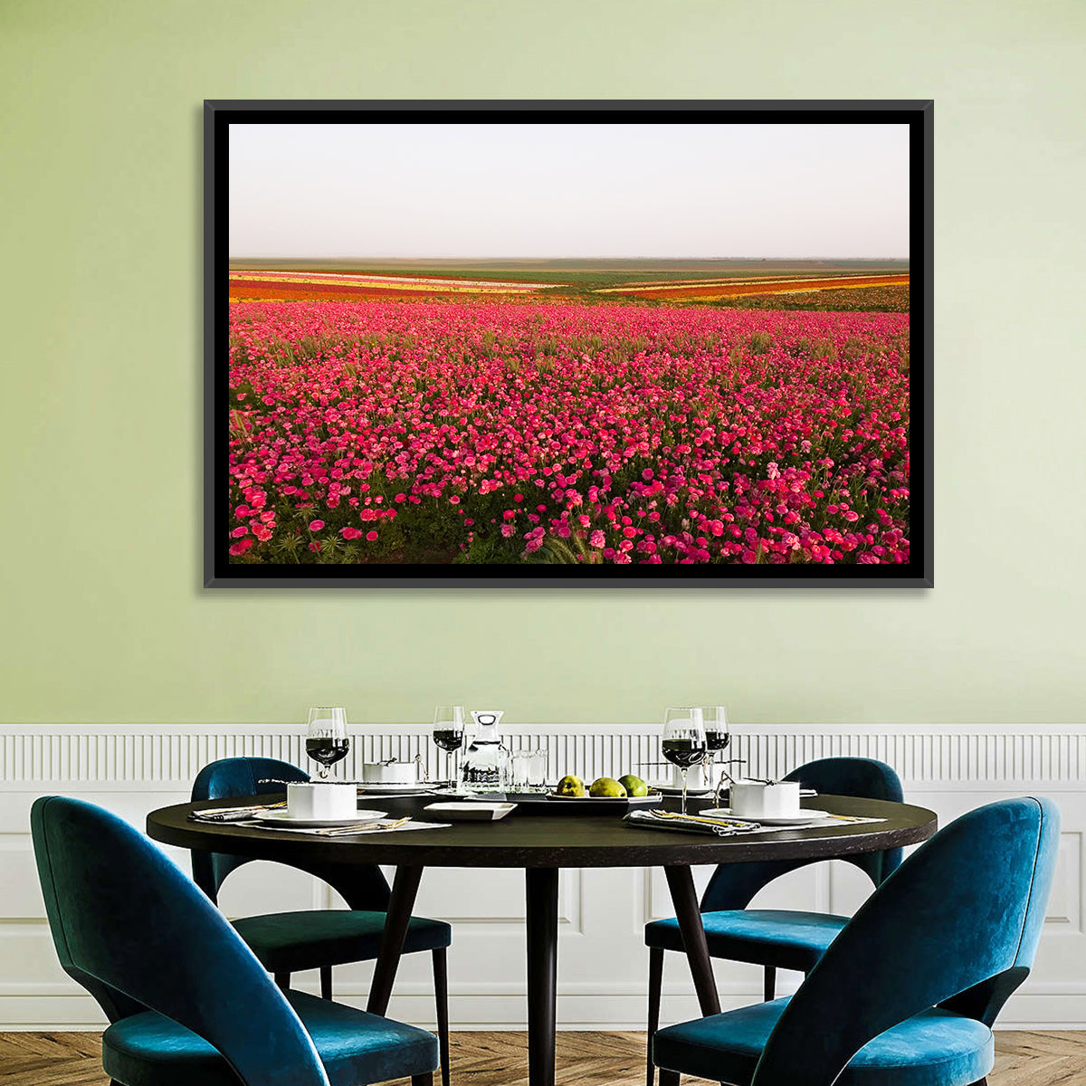 Pink Ranunculus Flower Field Wall Art in a room, landscape