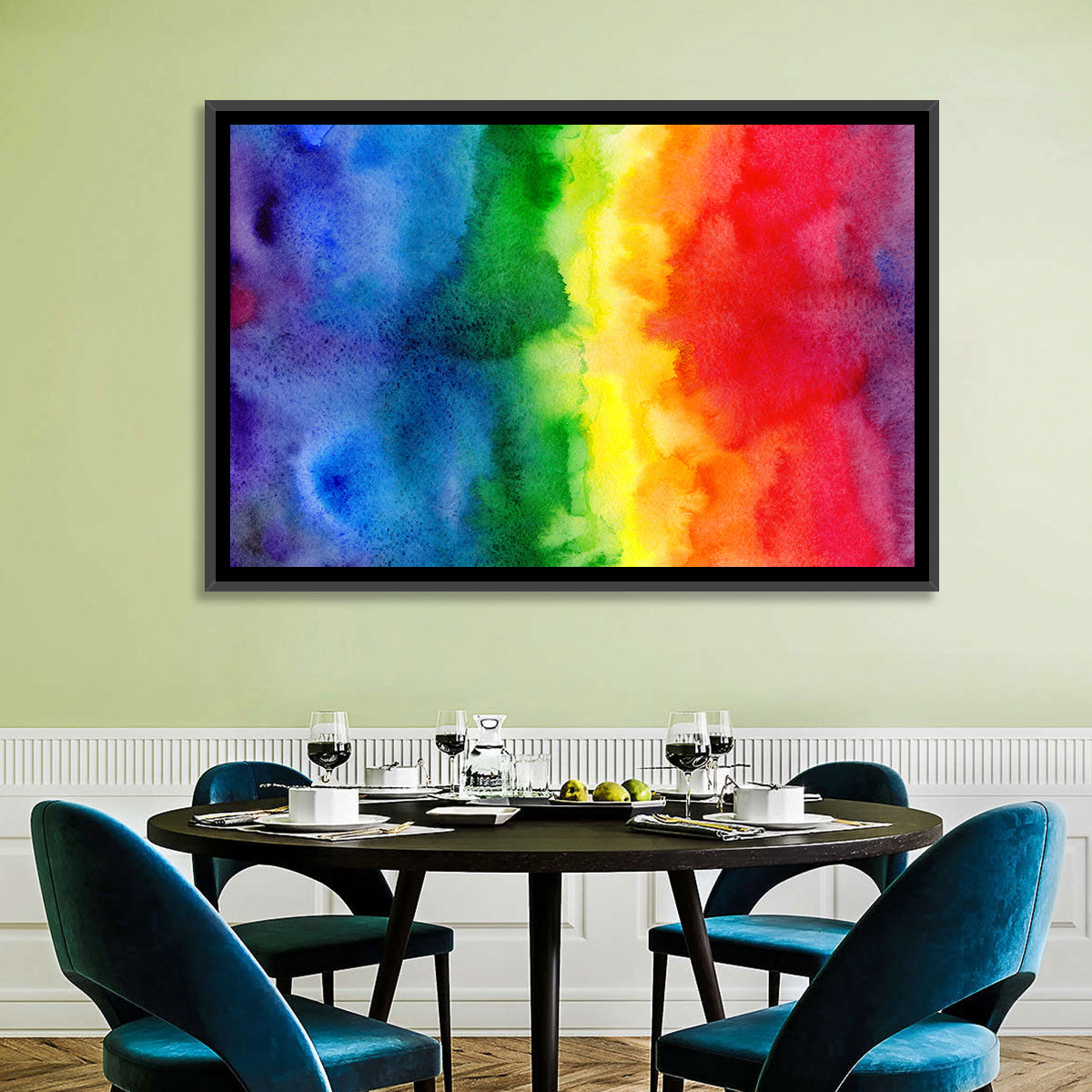 Watercolor Rainbow Gradient Wall Art in a room, landscape