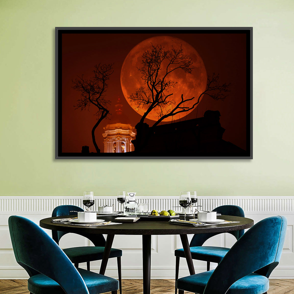 Haunted Supermoon Over Church Spire Wall Art in a room, landscape
