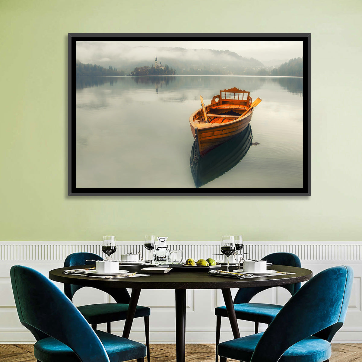 Wooden Boat on Misty Lake Bled Wall Art in a room, landscape