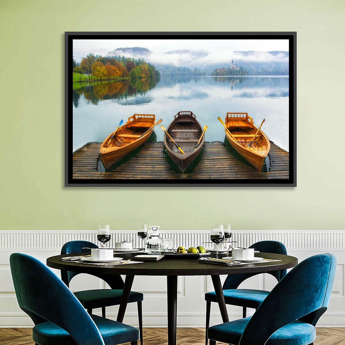 Moored Boats on Misty Lake Bled Wall Art