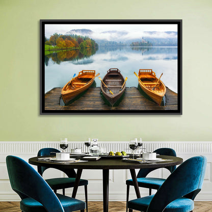 Moored Boats on Misty Lake Bled Wall Art