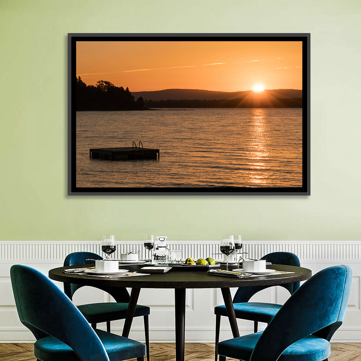 Lake Champlain Sunset Wall Art in a room, landscape
