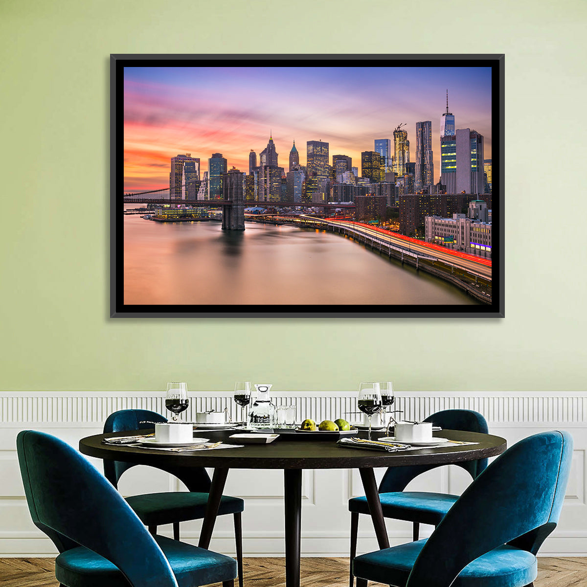 Brooklyn Bridge Light Trails Over Lower Manhattan Wall Art in a room, landscape