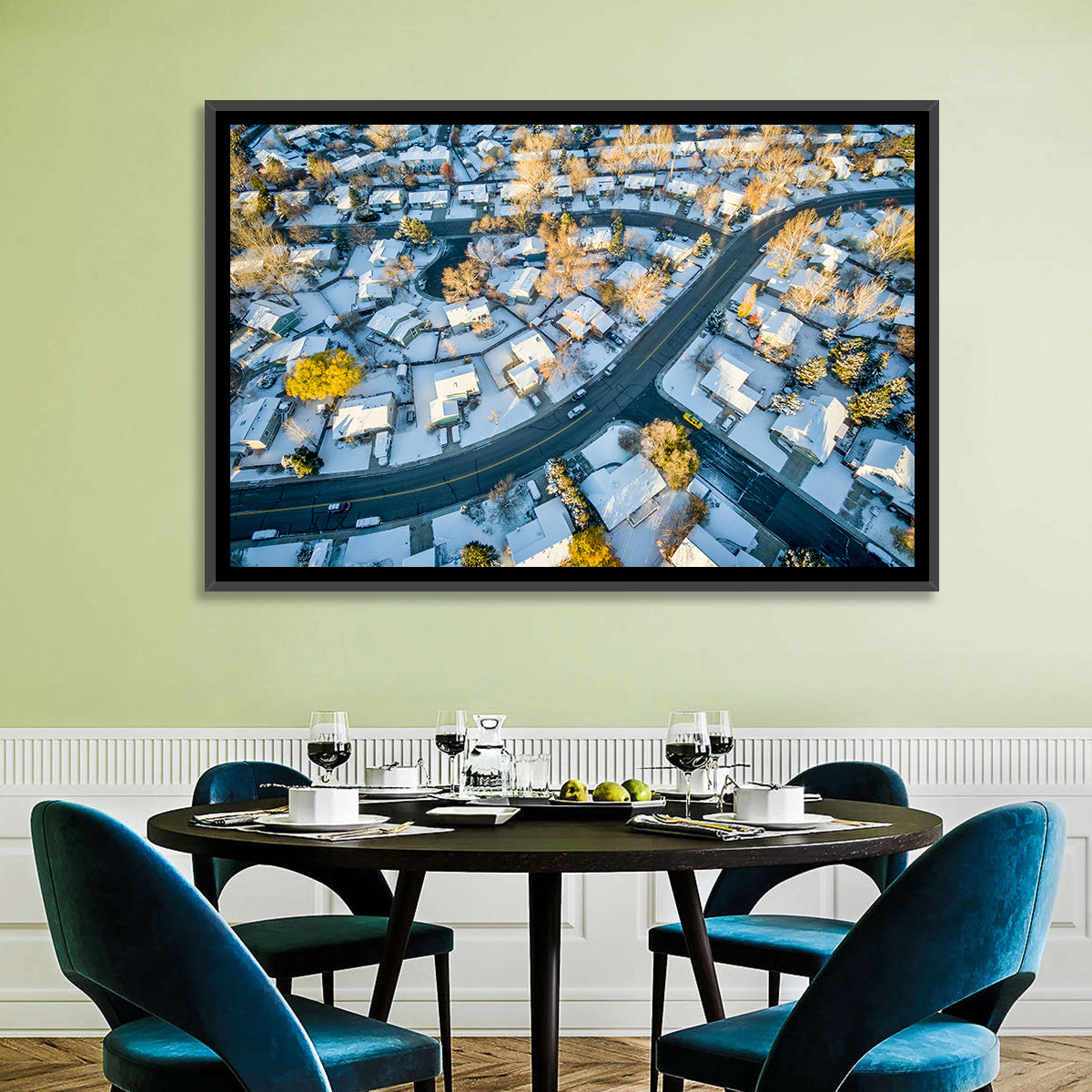 Snowy Fort Collins Neighborhood Aerial Wall Art in a room, landscape