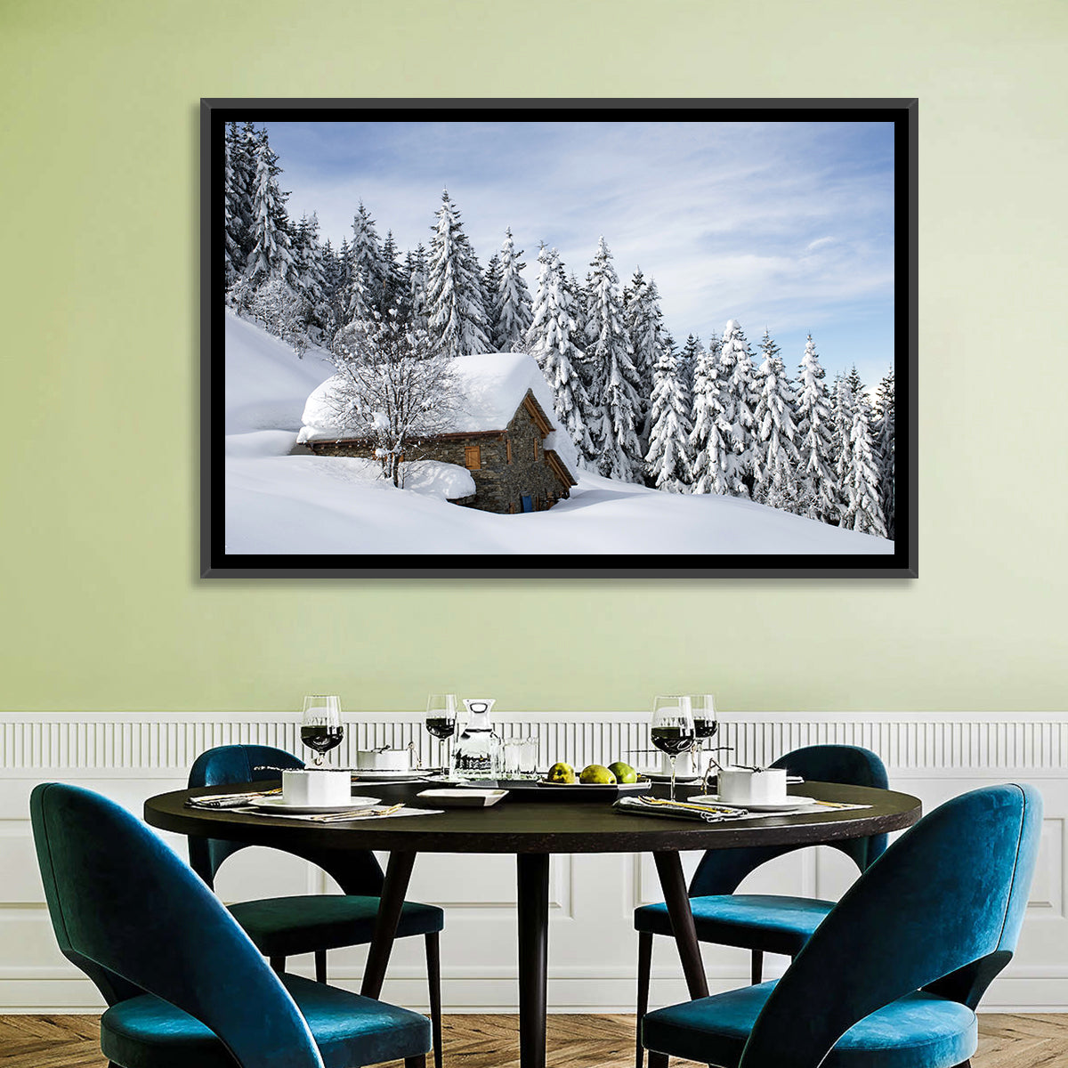 Snow Covered Alpine Cabin Wall Art in a room, landscape